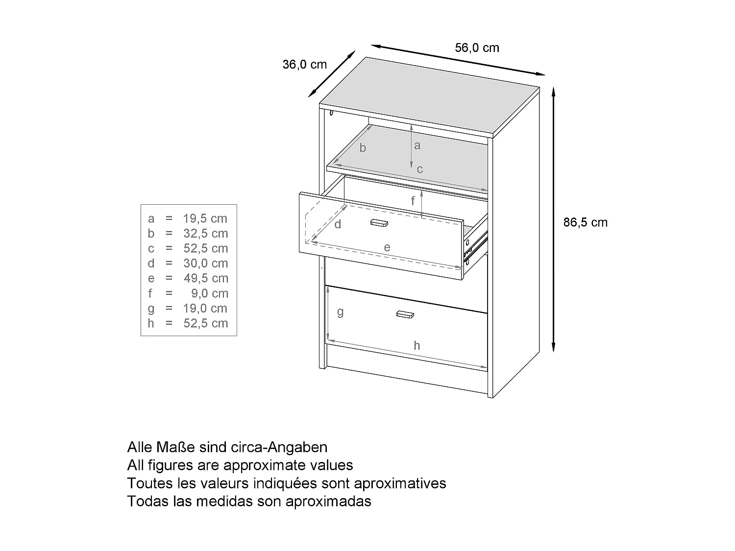 Cassettiera Pino V2, Credenza con 3 cassetti e 1 vano a giorno, antracite/nero lucido senza LED (56 x 86,5 x 36 cm)