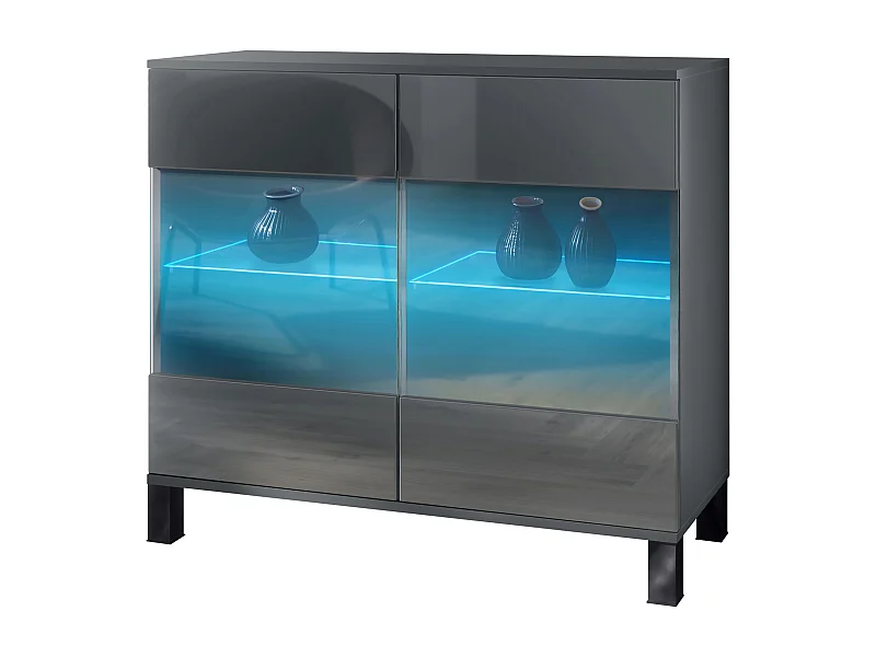 Commode Bari V3, Armoire de cuisine moderne avec 2 grandes portes vitrées incl. éclairage RGB anthracite mat / gris haute brillance (92,5 x 84.5 x 35)
