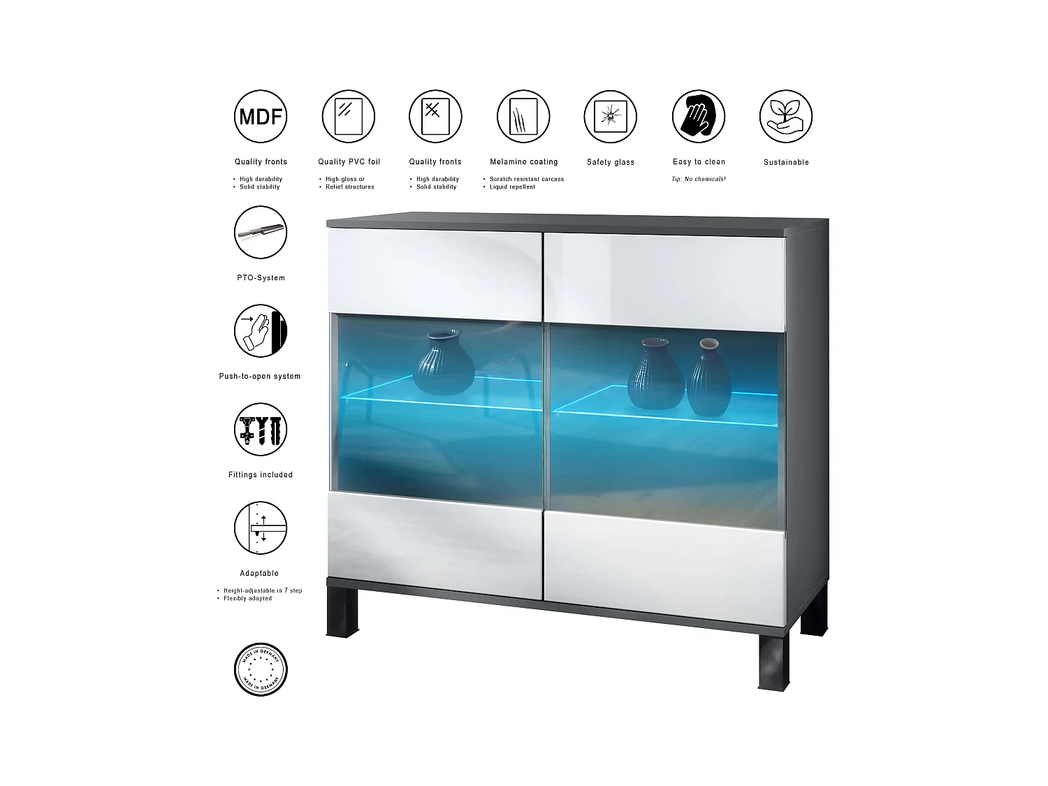 Commode Bari V3, Armoire de cuisine moderne avec 2 grandes portes vitrées incl. éclairage RGB anthracite mat / gris haute brillance (92,5 x 84.5 x 35)