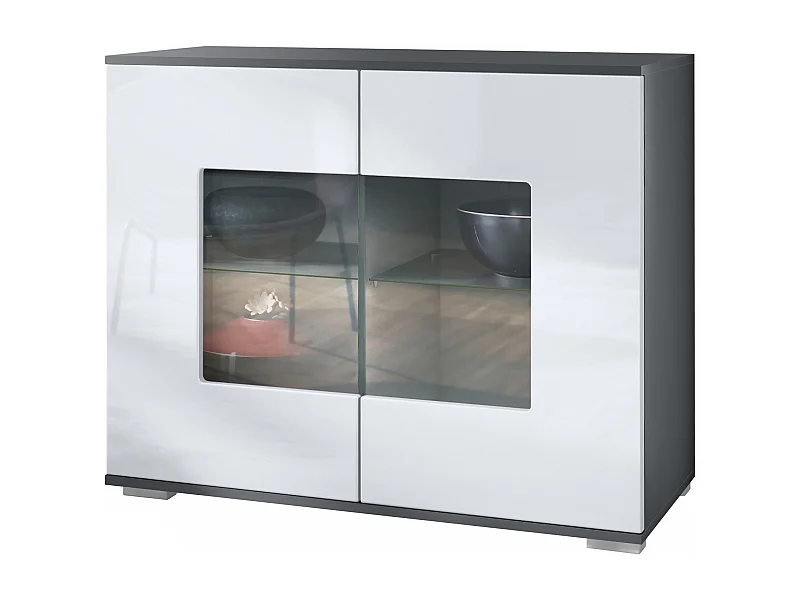 Commode Grömitz V3, Armoire de cuisine moderne avec 2 grandes portes vitrées anthracite mat / blanc haute brillance (92,5 x 75.5 x 35)