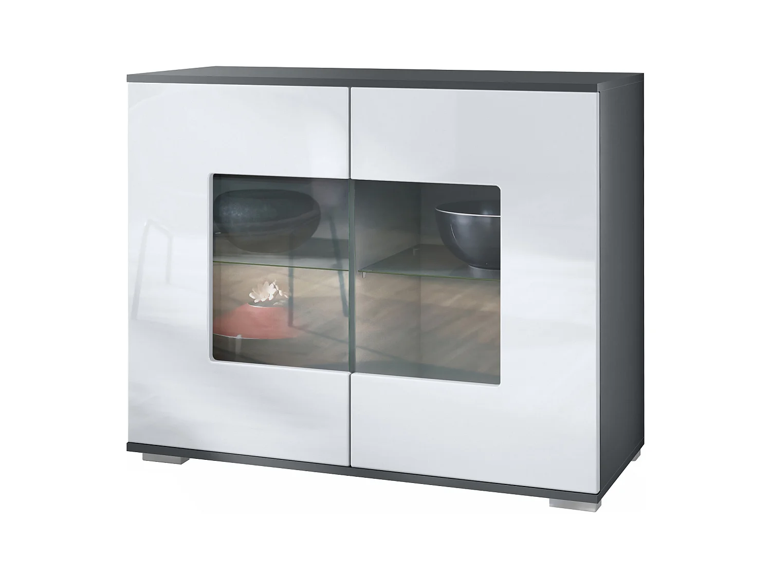 Commode Grömitz V3, Armoire de cuisine moderne avec 2 grandes portes vitrées anthracite mat / blanc haute brillance (92,5 x 75.5 x 35)