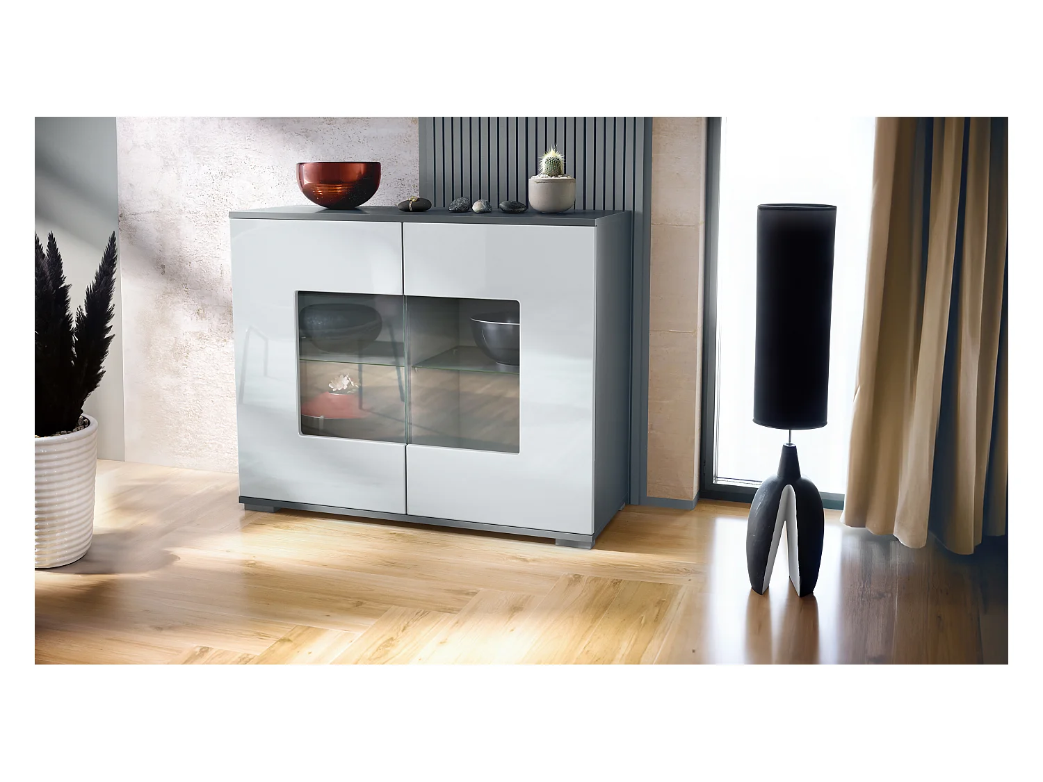 Commode Grömitz V3, Armoire de cuisine moderne avec 2 grandes portes vitrées anthracite mat / blanc haute brillance (92,5 x 75.5 x 35)