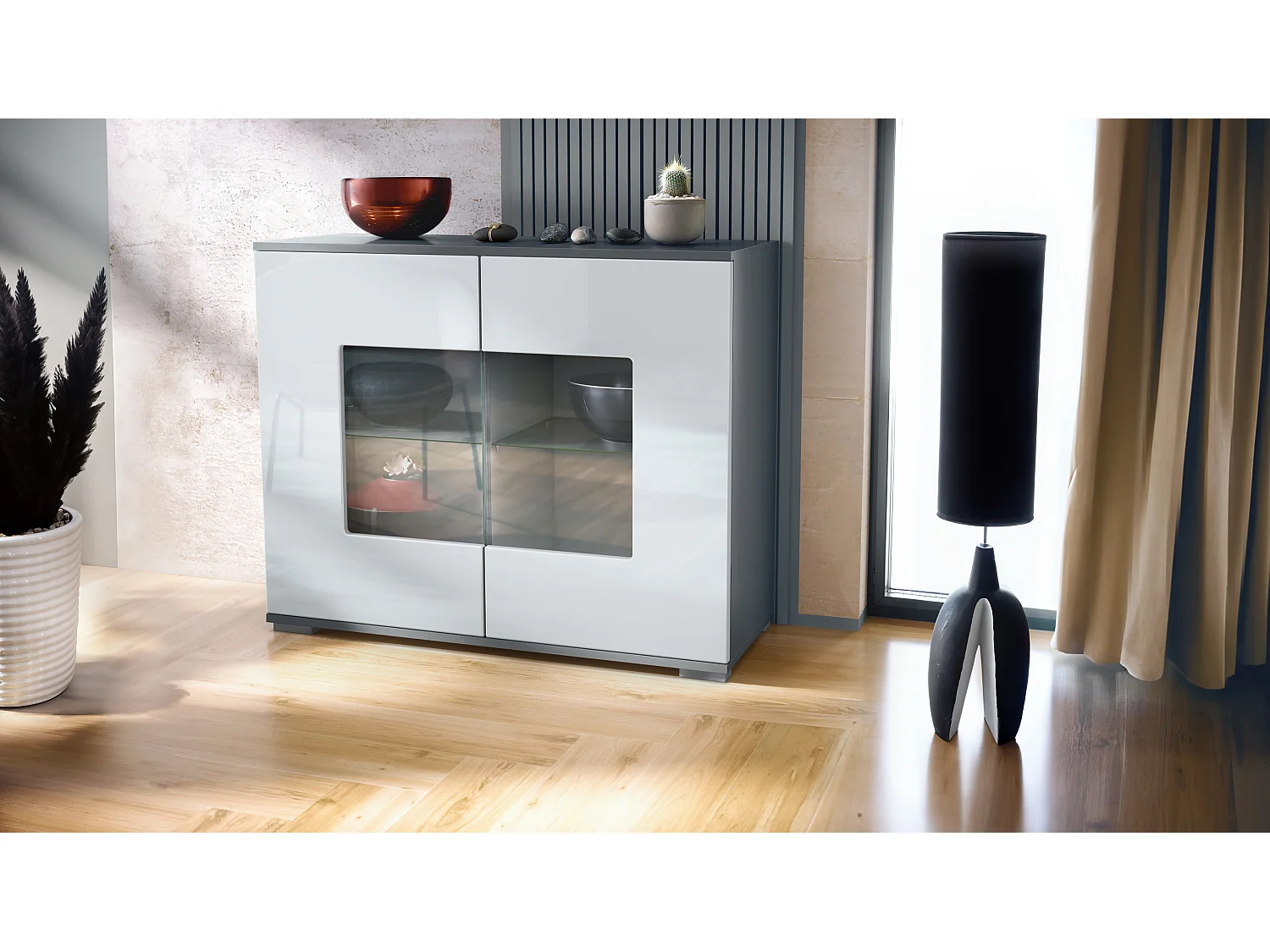 Cómoda Grömitz V3, Moderno armario de cocina con 2 grandes puertas de cristal antracita mate / blanco de alto brillo (92,5 x 75.5 x 35)