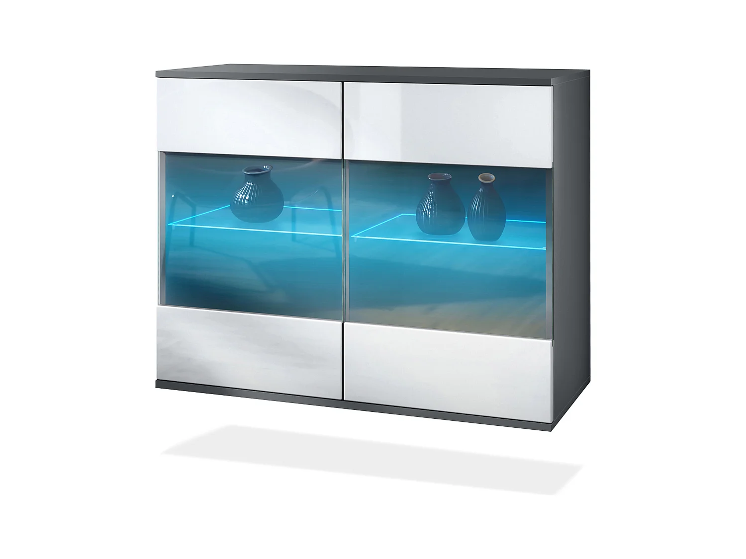 Commode Bari V3, Armoire de cuisine moderne avec 2 grandes portes vitrées incl. éclairage RGB anthracite mat / blanc haute brillance (92,5 x 73.5 x 35)