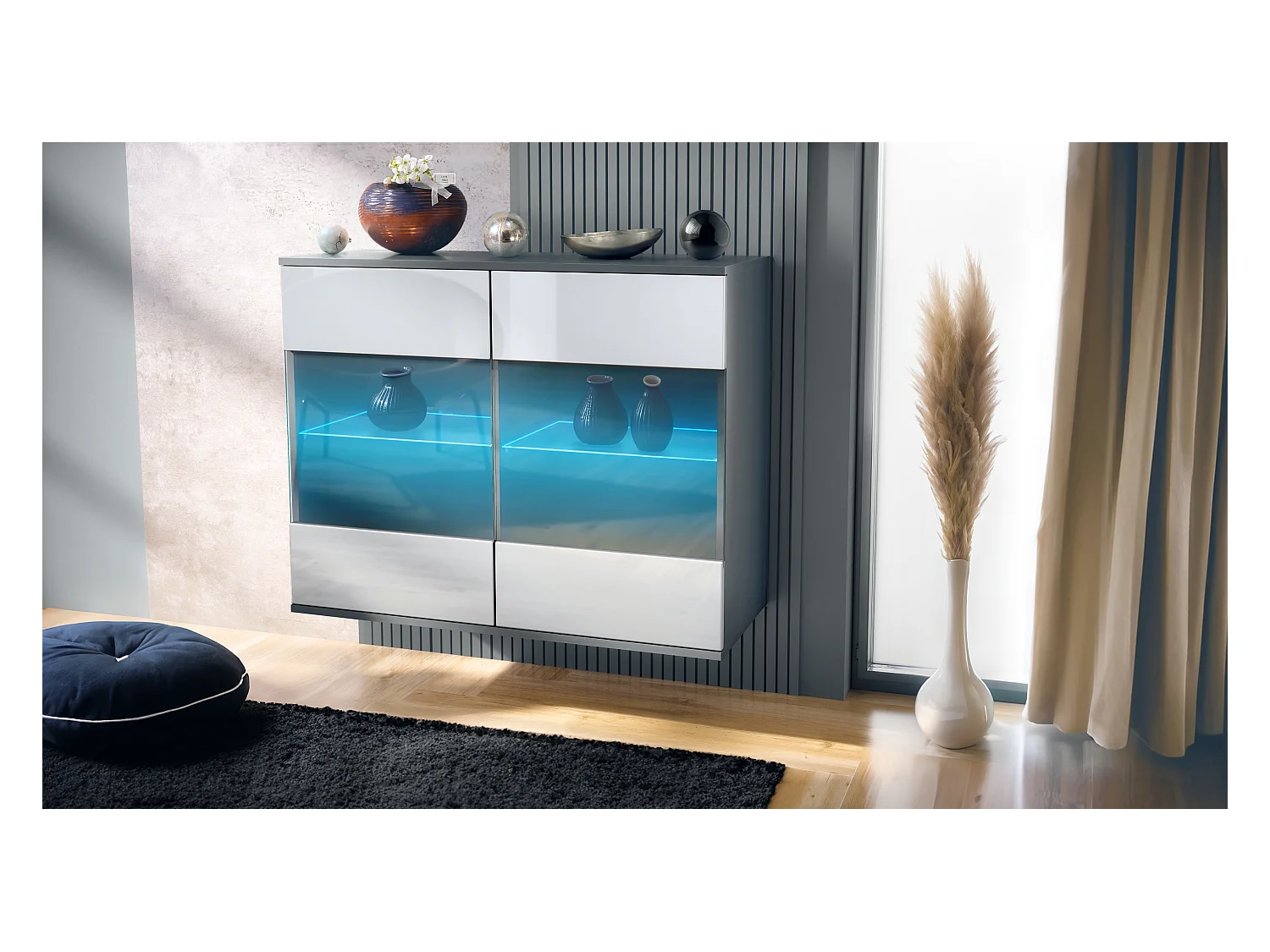 Commode Bari V3, Armoire de cuisine moderne avec 2 grandes portes vitrées incl. éclairage RGB anthracite mat / blanc haute brillance (92,5 x 73.5 x 35)