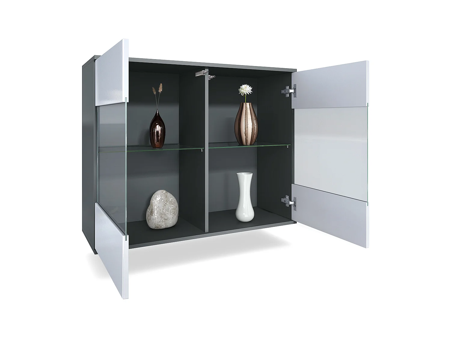 Commode Bari V3, Armoire de cuisine moderne avec 2 grandes portes vitrées incl. éclairage RGB anthracite mat / blanc haute brillance (92,5 x 73.5 x 35)