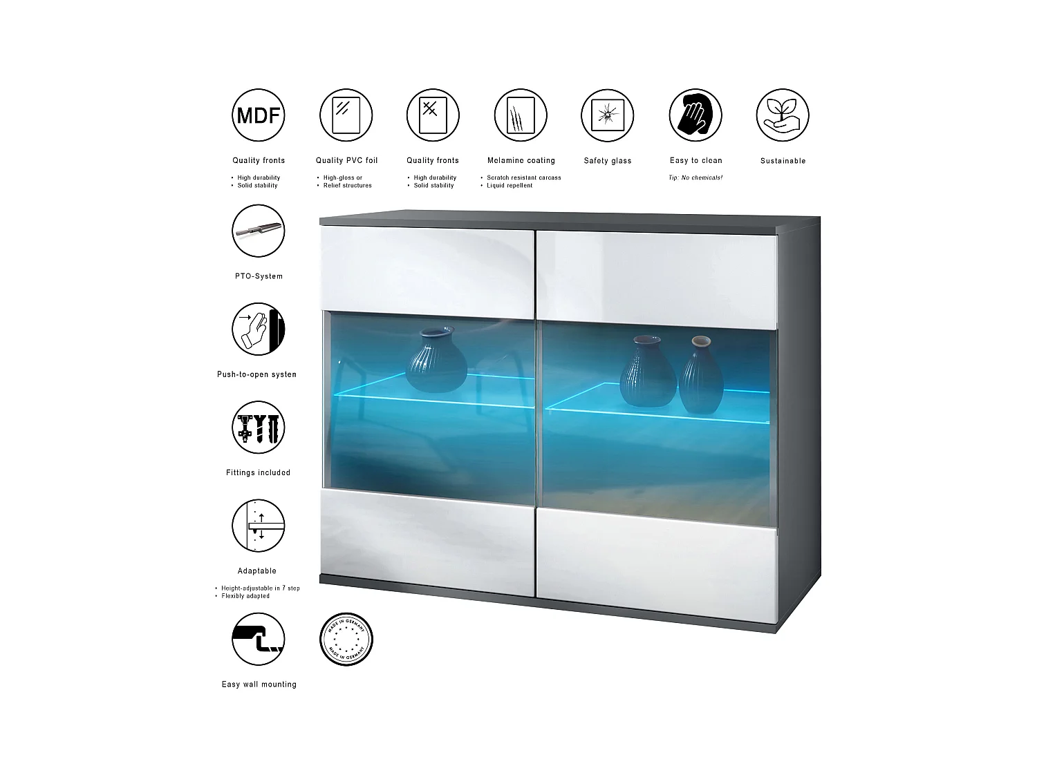 Commode Bari V3, Armoire de cuisine moderne avec 2 grandes portes vitrées incl. éclairage RGB anthracite mat / blanc haute brillance (92,5 x 73.5 x 35)