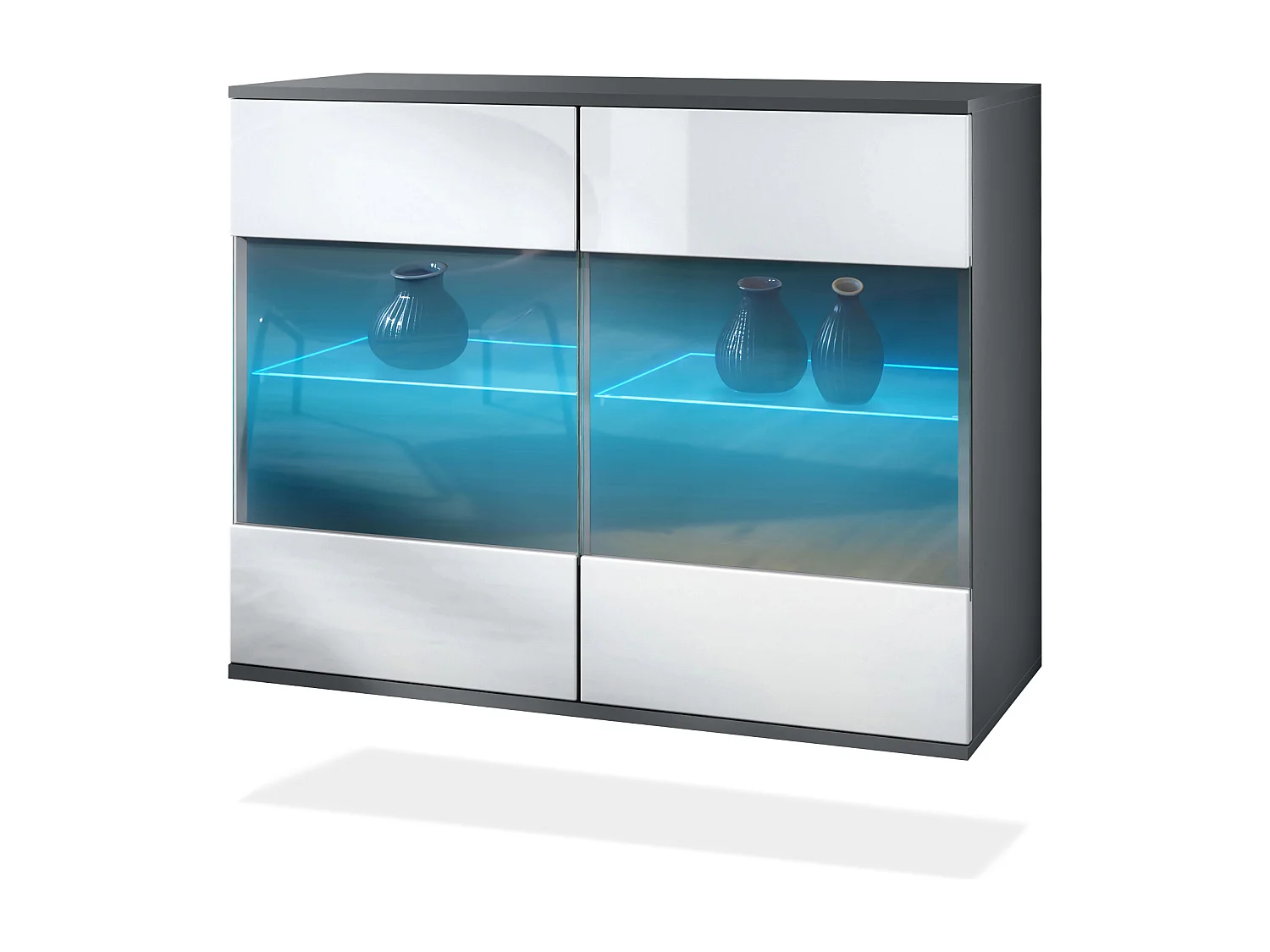 Cassettiera Bari V3, Mobile da cucina moderno con 2 grandi ante in vetro incl. illuminazione RGB antracite opaco  / bianco lucido (92,5 x 73.5 x 35)