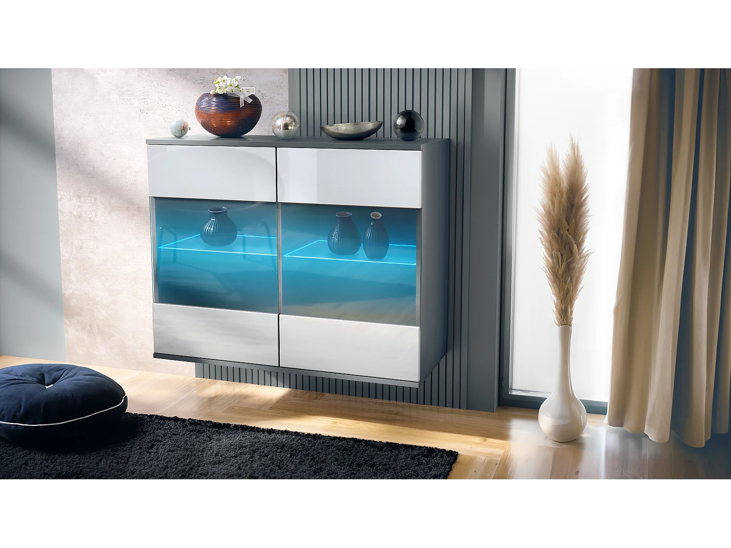 Cassettiera Bari V3, Mobile da cucina moderno con 2 grandi ante in vetro incl. illuminazione RGB antracite opaco  / bianco lucido (92,5 x 73.5 x 35)