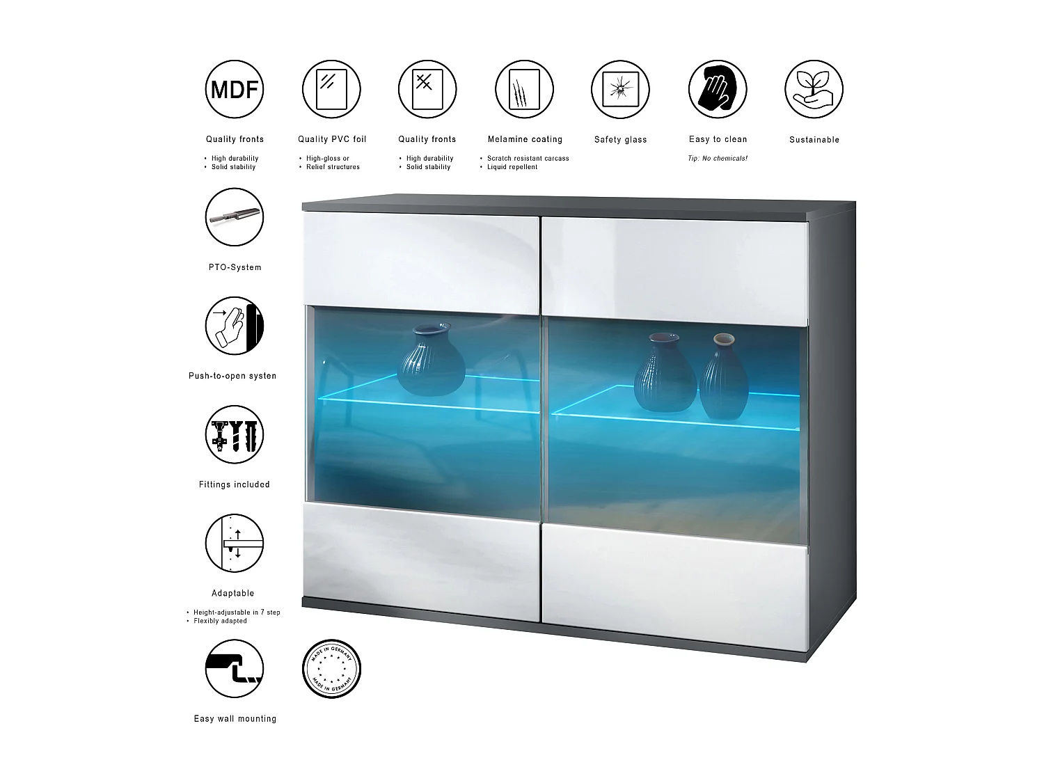 Cassettiera Bari V3, Mobile da cucina moderno con 2 grandi ante in vetro incl. illuminazione RGB antracite opaco  / bianco lucido (92,5 x 73.5 x 35)