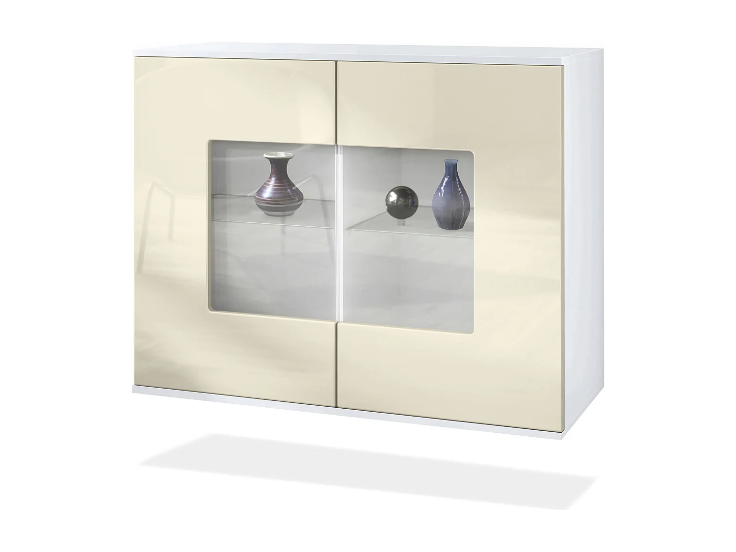 Commode Grömitz V3, Armoire de cuisine moderne avec 2 grandes portes vitrées blanc mat / crème haute brillance (92,5 x 73.5 x 35)