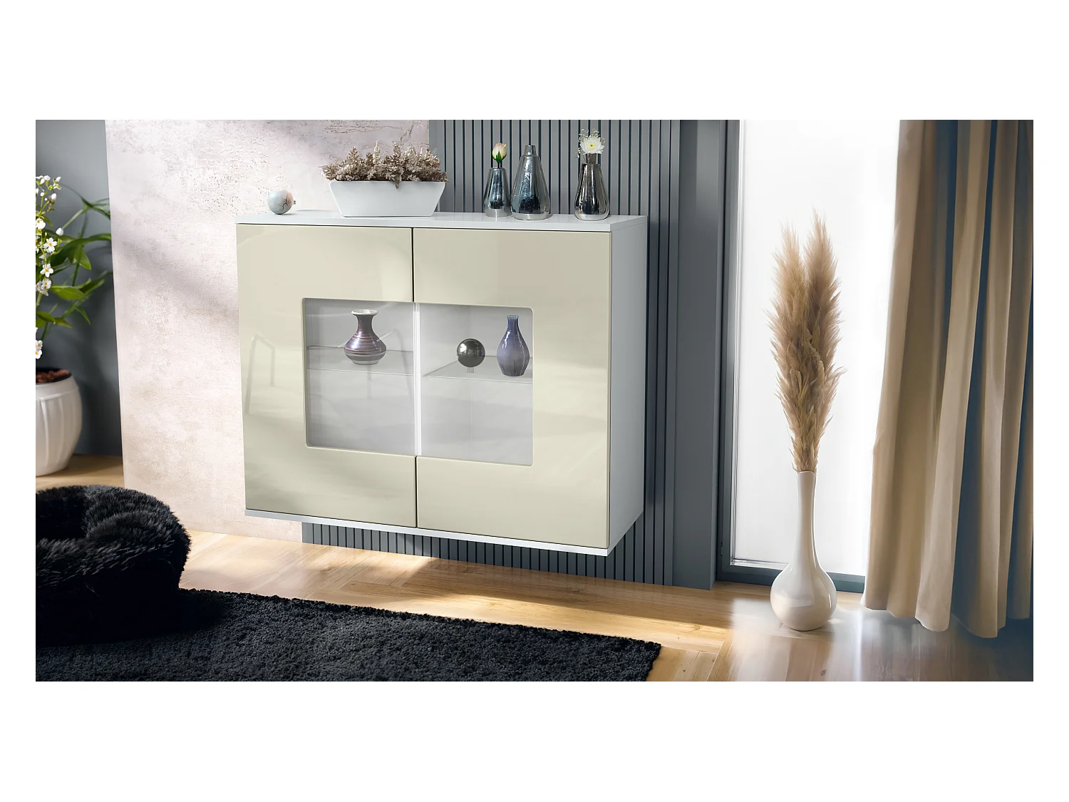 Commode Grömitz V3, Armoire de cuisine moderne avec 2 grandes portes vitrées blanc mat / crème haute brillance (92,5 x 73.5 x 35)