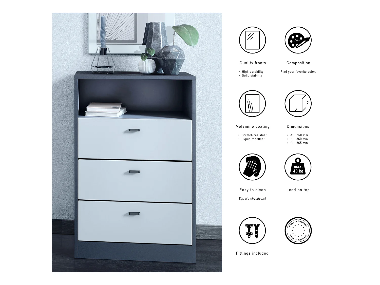 Commode Buffet Pino V2, avec 3 tiroirs & 1 compartiment ouvert, Anthracite mat /Blanc mat avec éclairage LED RVB (56 x 86,5 x 36 cm)