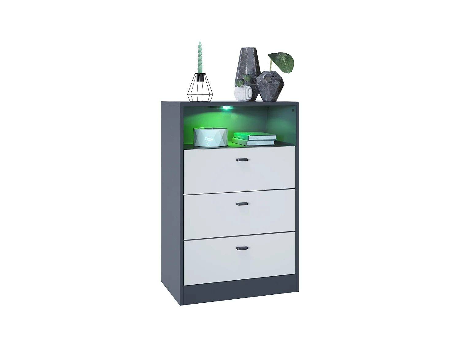 Commode Buffet Pino V2, avec 3 tiroirs & 1 compartiment ouvert, Anthracite mat /Blanc mat avec éclairage LED RVB (56 x 86,5 x 36 cm)