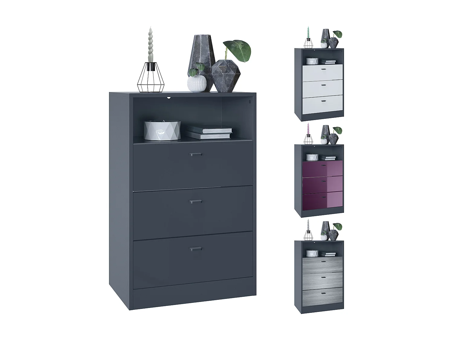 Cassettiera Pino V2, Credenza con 3 cassetti e 1 vano a giorno, antracite/bianco opaco con LED RGB (56 x 86,5 x 36 cm)