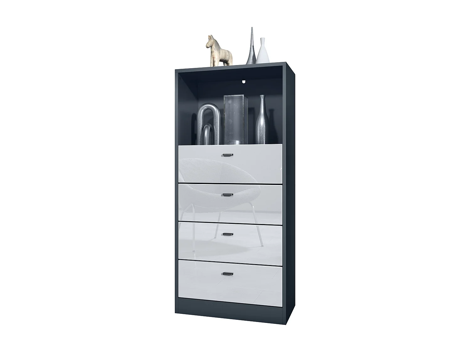 Commode Buffet Pino V3, avec 4 tiroirs & 1 compartiment ouvert, Anthracite mat/Blanc haute brillance sans LED (56 x 125 x 36 cm)