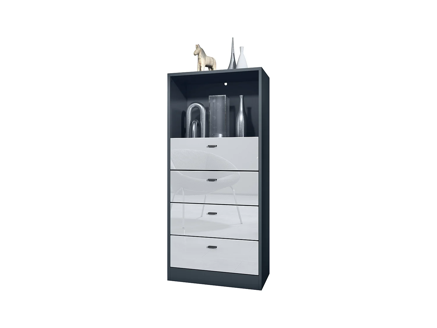 Commode Buffet Pino V3, avec 4 tiroirs & 1 compartiment ouvert, Anthracite mat/Blanc haute brillance sans LED (56 x 125 x 36 cm)