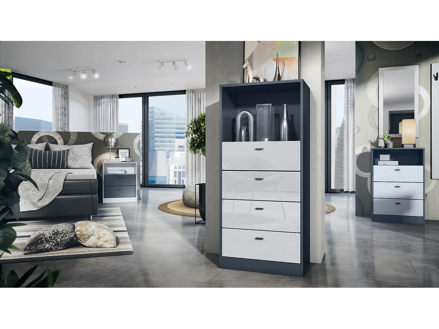 Cassettiera Pino V3, Credenza con 4 cassetti e 1 vano a giorno, antracite/bianco lucido senza LED (56 x 125 x 36 cm)