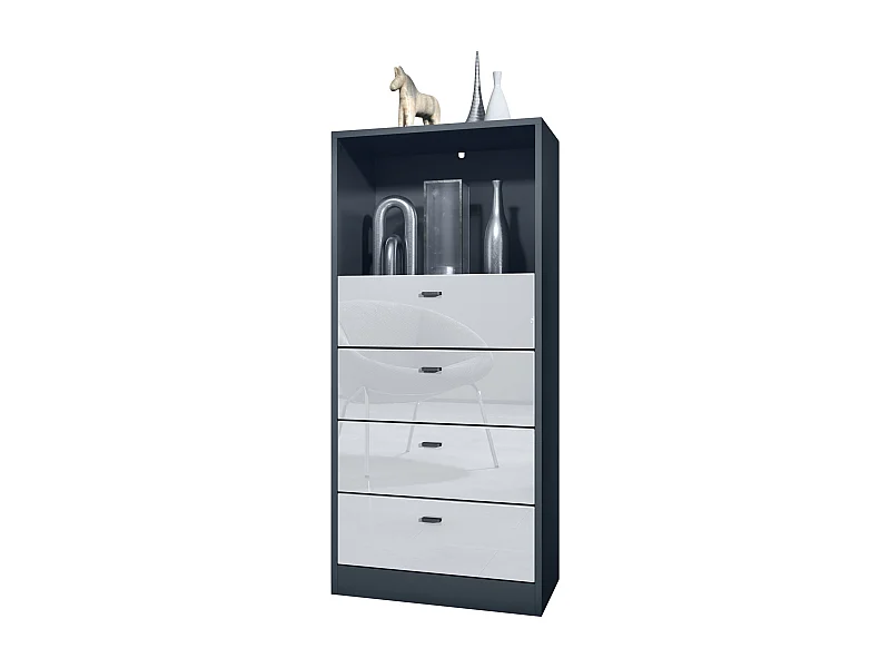 Commode Buffet Pino V3, avec 4 tiroirs & 1 compartiment ouvert, Anthracite mat/Blanc haute brillance sans LED (56 x 125 x 36 cm)