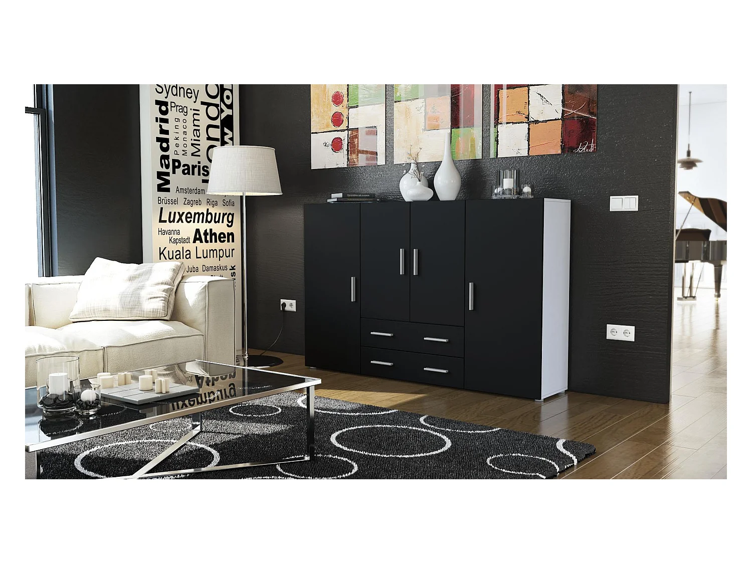 Le Buffet Haut Nora bahut avec 2 tiroirs et 4 portes avec un total de 8 compartiments derrière, blanc mat/noir mat (166,5 x 106,5 x 35 cm)