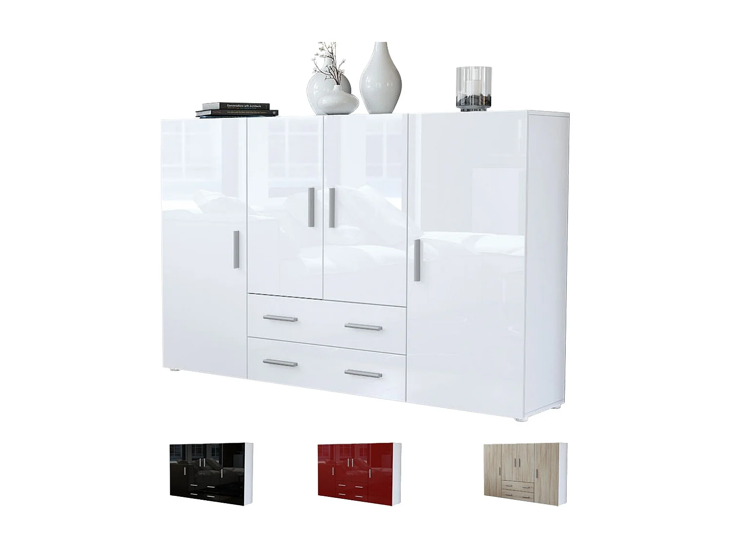 Le Buffet Haut Nora bahut avec 2 tiroirs et 4 portes avec un total de 8 compartiments derrière, blanc mat/noir mat (166,5 x 106,5 x 35 cm)