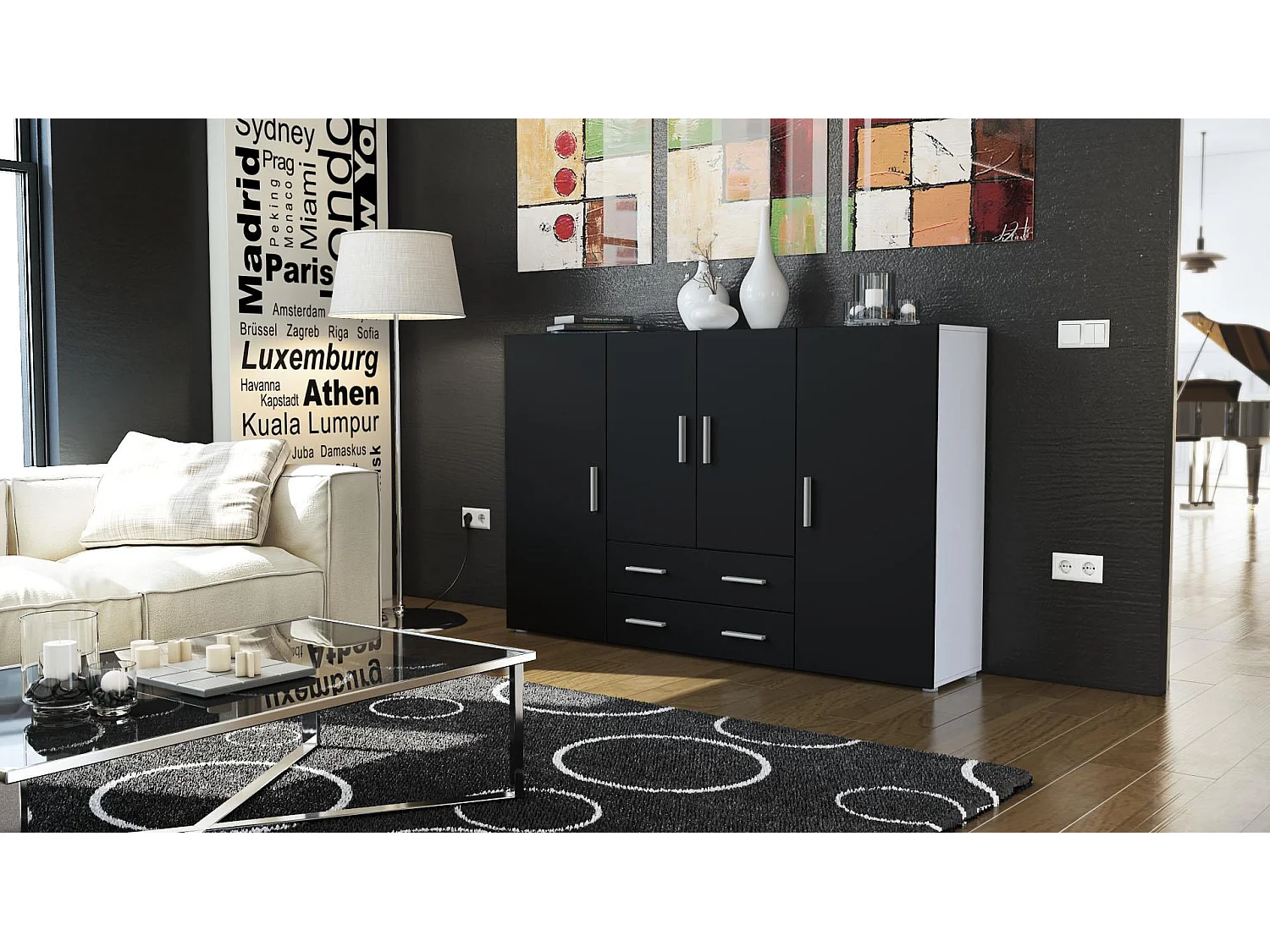 Highboard Nora Sideboard with 2 drawers and 4 doors with a total of 8 compartments behind, bianco opaco/nero opaco (166.5 x 106.5 x 35 cm)