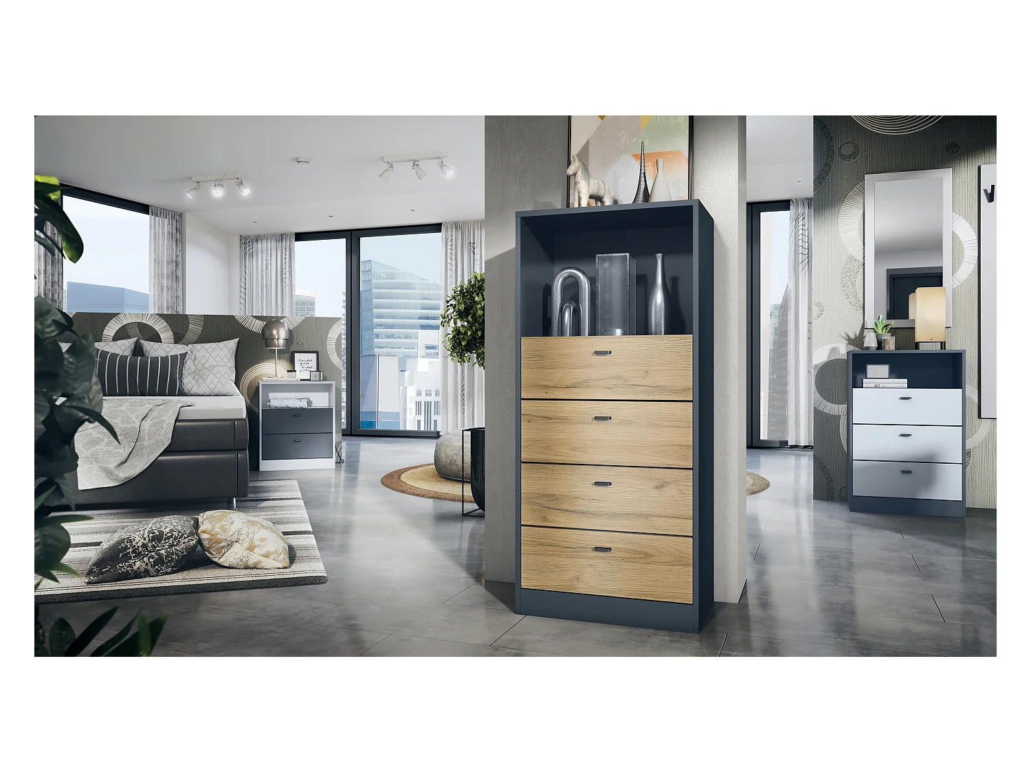 Commode Buffet Pino V3, avec 4 tiroirs & 1 compartiment ouvert, Anthracite mat/Chêne Nature sans LED (56 x 125 x 36 cm)