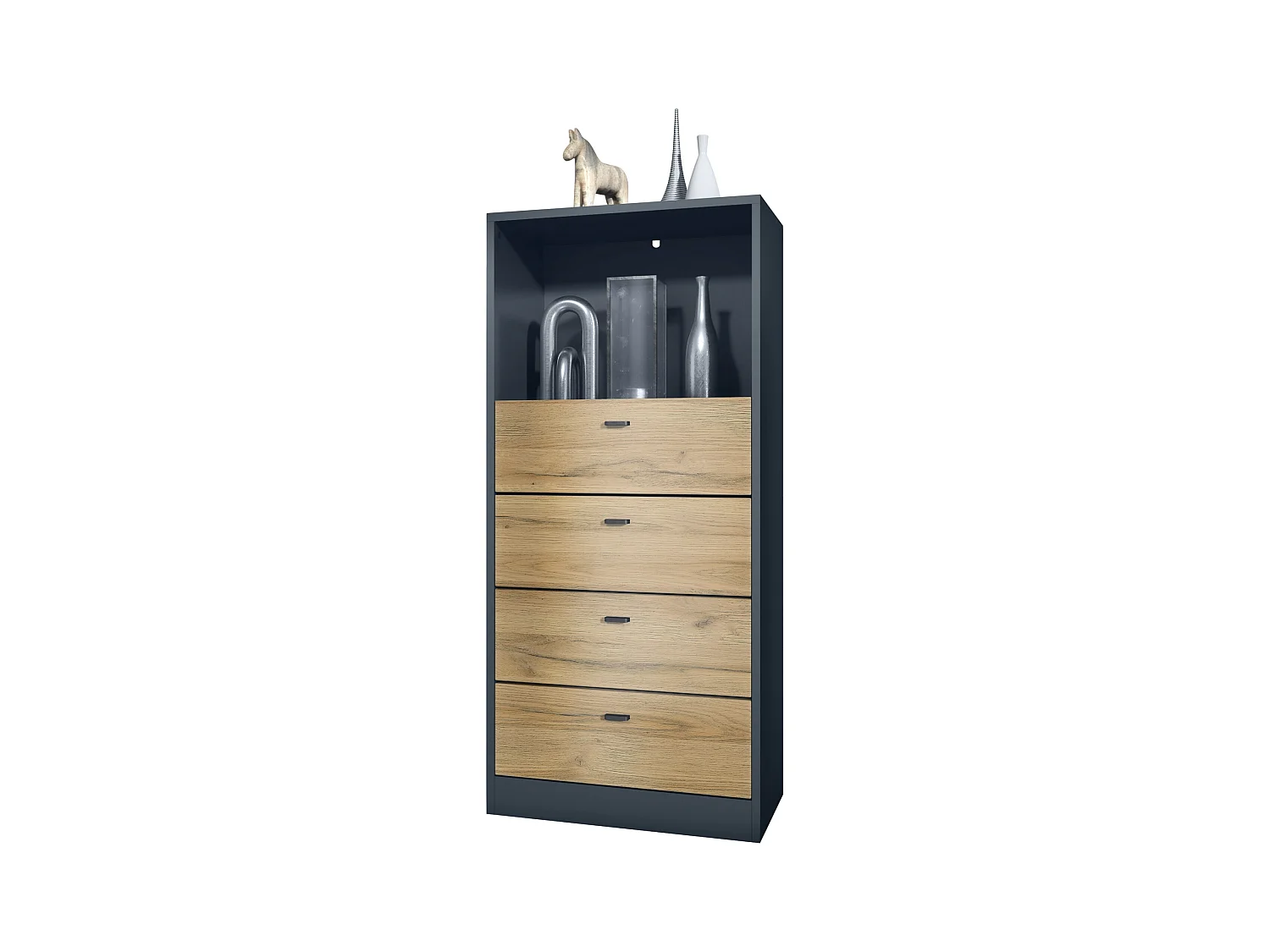Commode Buffet Pino V3, avec 4 tiroirs & 1 compartiment ouvert, Anthracite mat/Chêne Nature sans LED (56 x 125 x 36 cm)