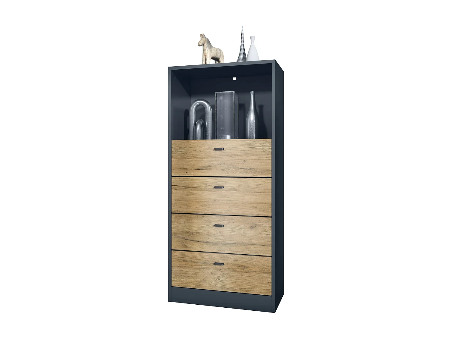 Cassettiera Pino V3, Credenza con 4 cassetti e 1 vano a giorno, antracite/quercia naturale senza LED (56 x 125 x 36 cm)