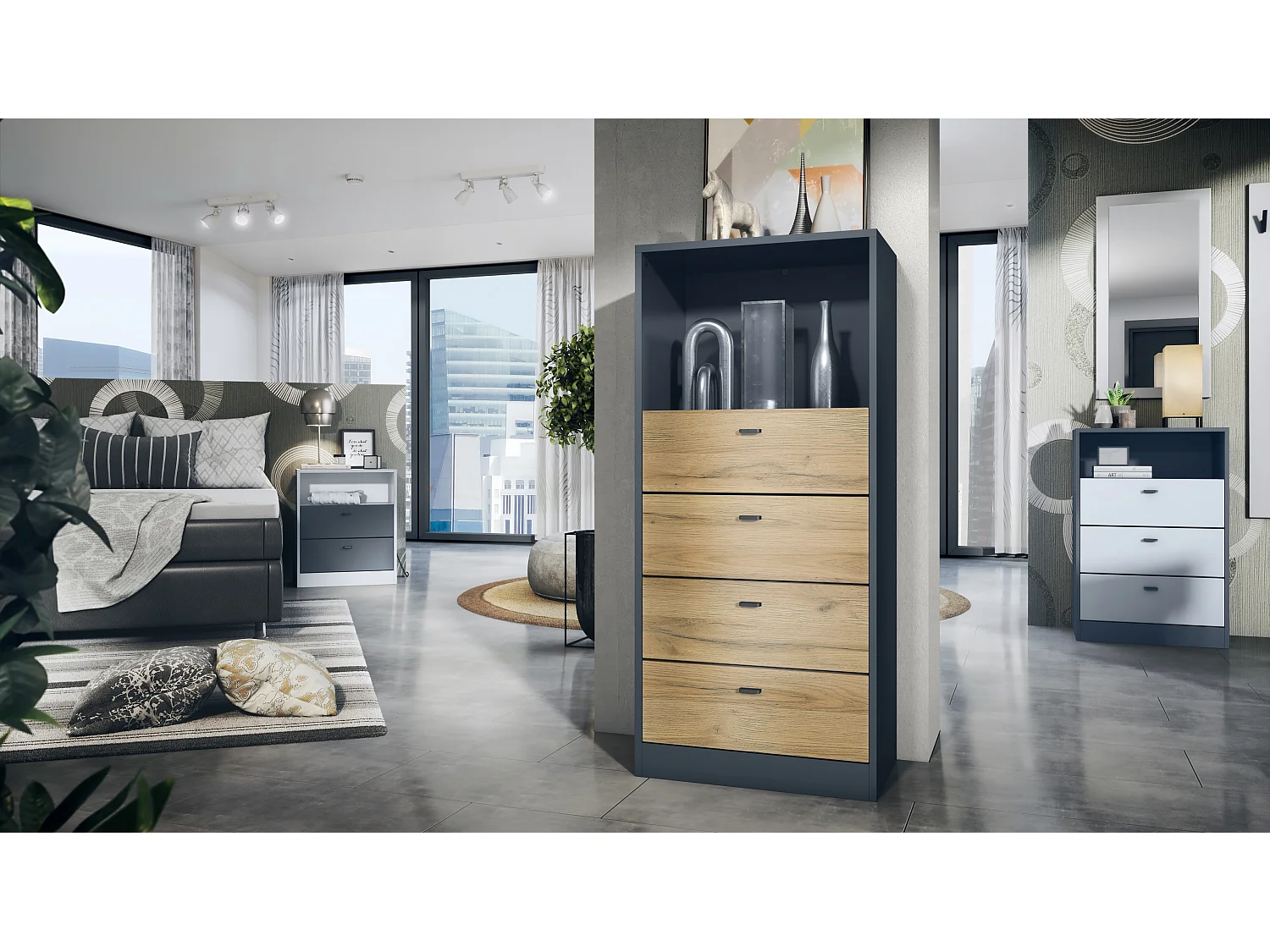 Cassettiera Pino V3, Credenza con 4 cassetti e 1 vano a giorno, antracite/quercia naturale senza LED (56 x 125 x 36 cm)