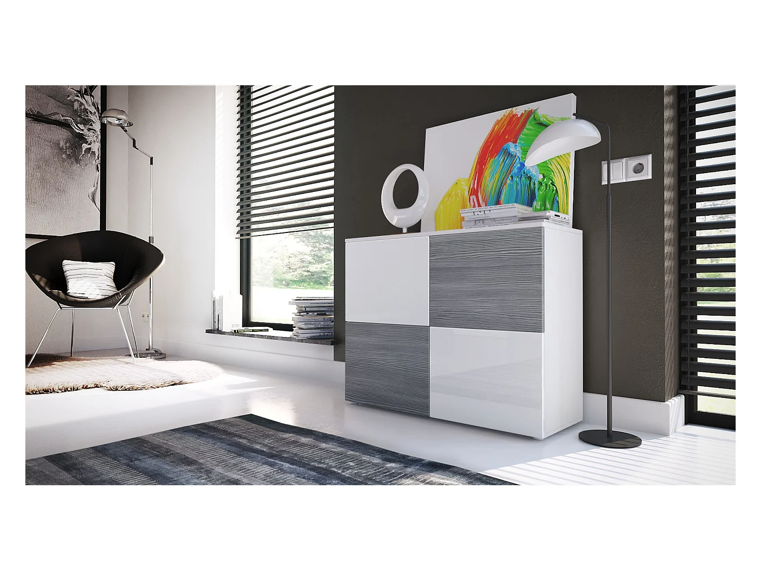 Buffet Rova, Commode avec 4 portes, Blanc mat/Blanc haute brillance/Avola-Anthracite (92 x 72 x 35 cm)