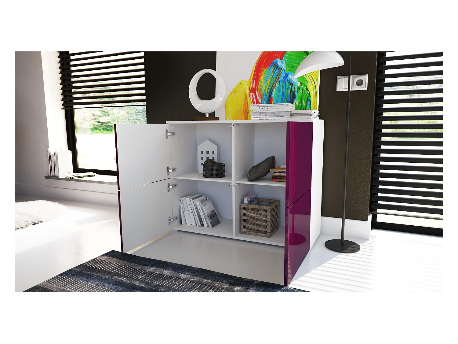 Buffet Rova, Commode avec 4 portes, Blanc mat/Blanc haute brillance/Avola-Anthracite (92 x 72 x 35 cm)