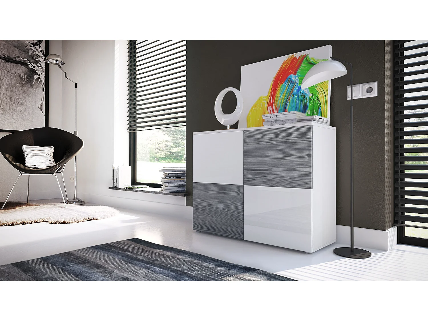 Madia  Rova, Mobile a 4 ante, Bianco opaco/Bianco lucido/Avola antracite (92 x 72 x 35 cm)