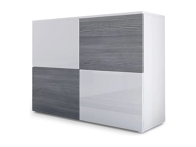 Buffet Rova, Commode avec 4 portes, Blanc mat/Blanc haute brillance/Avola-Anthracite (92 x 72 x 35 cm)
