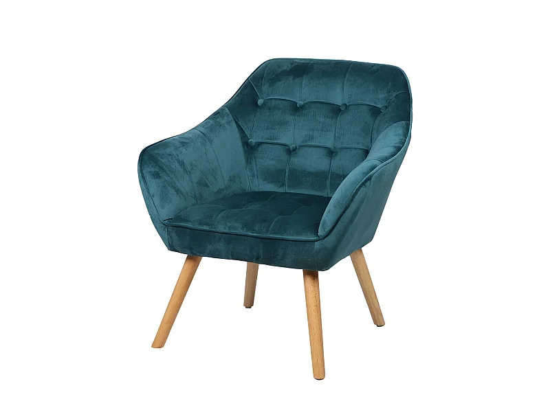 Fauteuil en velours bleu canard avec pieds en bois – 74x70xH85 cm, hauteur d'assise 43 cm – Collection VELUREA