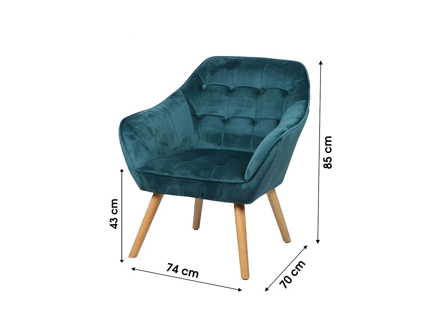 Fauteuil en velours bleu canard avec pieds en bois – 74x70xH85 cm, hauteur d'assise 43 cm – Collection VELUREA