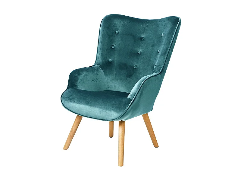Fauteuil de salon en velours bleu canard avec pieds en bois collection ENJOY. Style scandinave