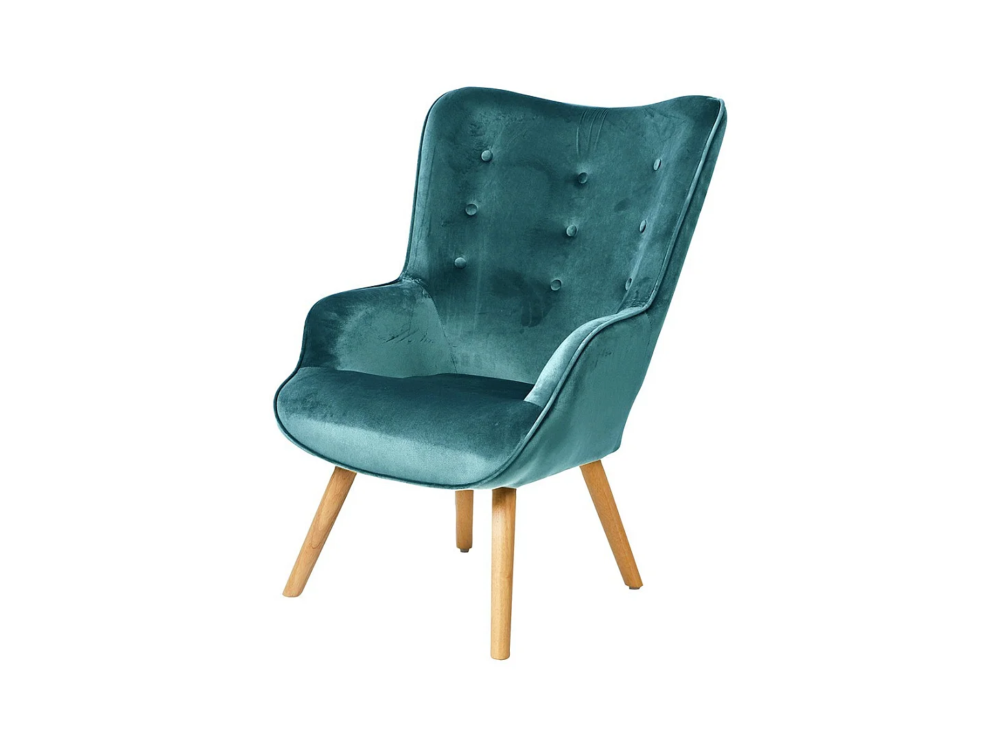 Fauteuil de salon en velours bleu canard avec pieds en bois collection ENJOY. Style scandinave