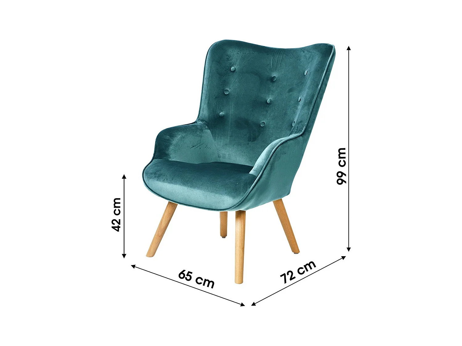 Fauteuil de salon en velours bleu canard avec pieds en bois collection ENJOY. Style scandinave