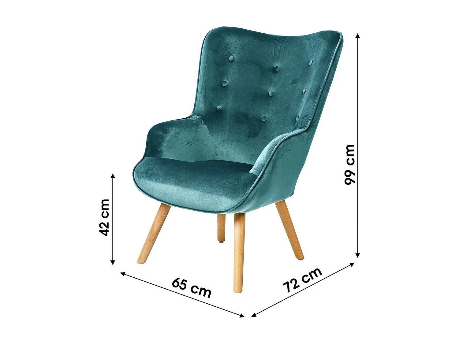 Fauteuil de salon en velours bleu canard avec pieds en bois collection ENJOY. Style scandinave