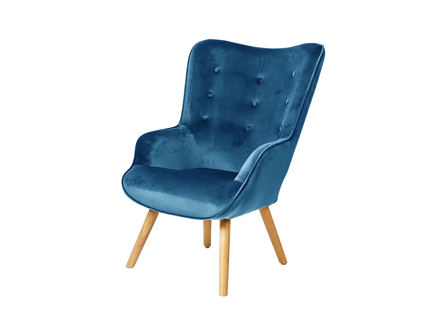 Fauteuil de salon en velours bleu nuit avec pieds en bois collection ENJOY. Style scandinave