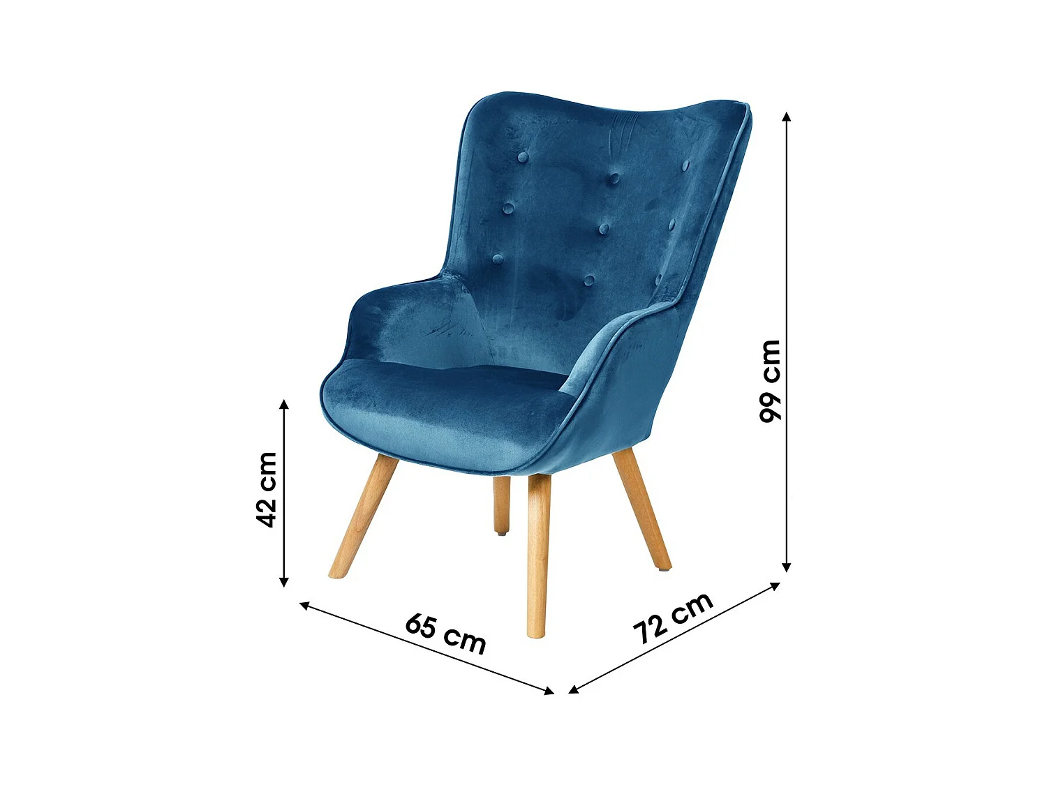 Fauteuil de salon en velours bleu nuit avec pieds en bois collection ENJOY. Style scandinave
