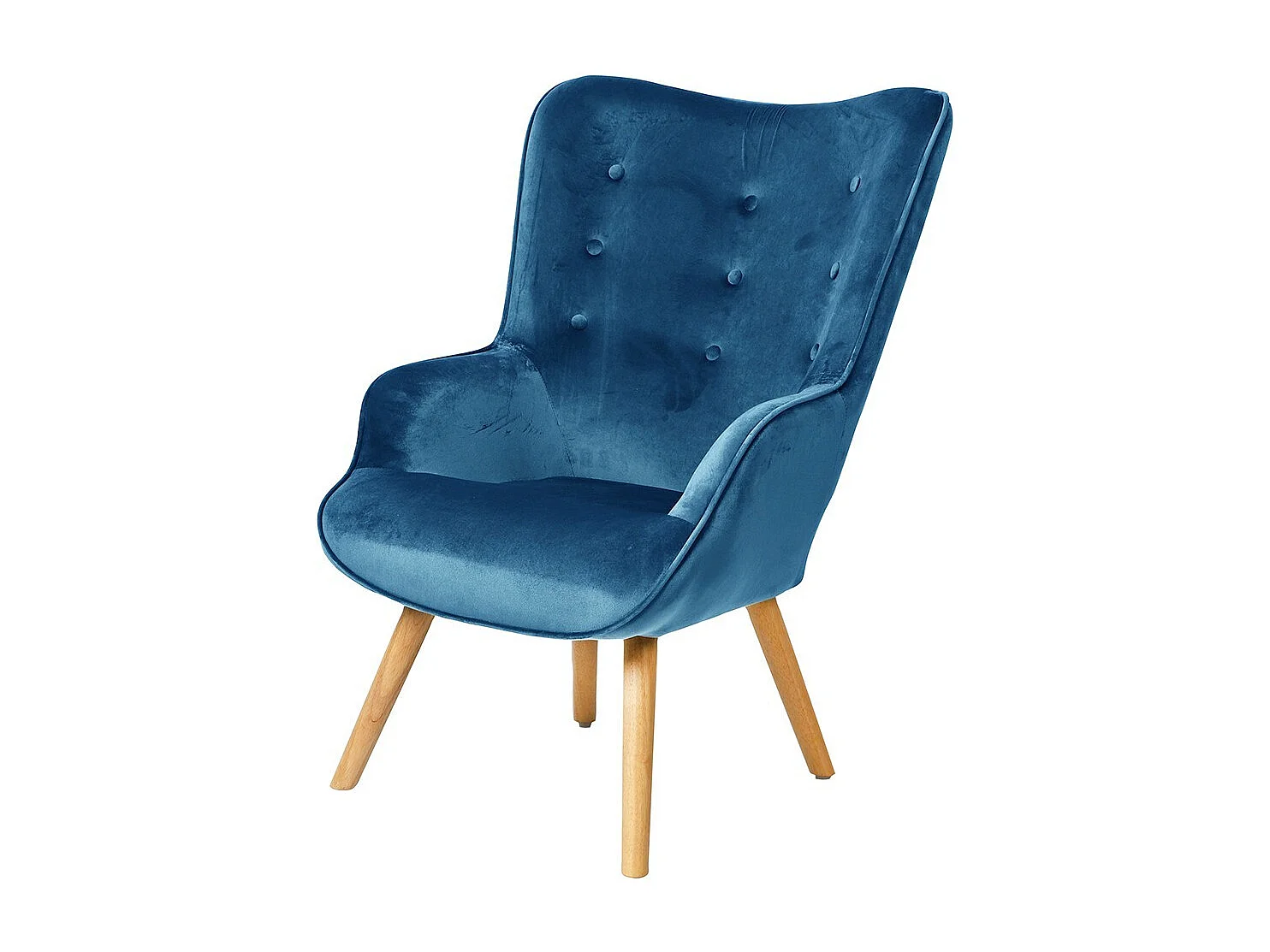 Fauteuil de salon en velours bleu nuit avec pieds en bois collection ENJOY. Style scandinave