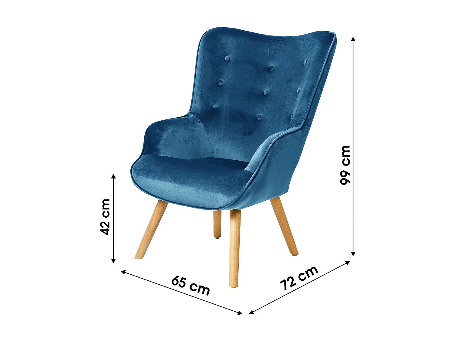Fauteuil de salon en velours bleu nuit avec pieds en bois collection ENJOY. Style scandinave