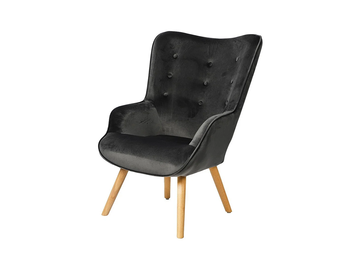 Fauteuil de salon en velours gris foncé avec pieds en bois collection ENJOY. Style scandinave
