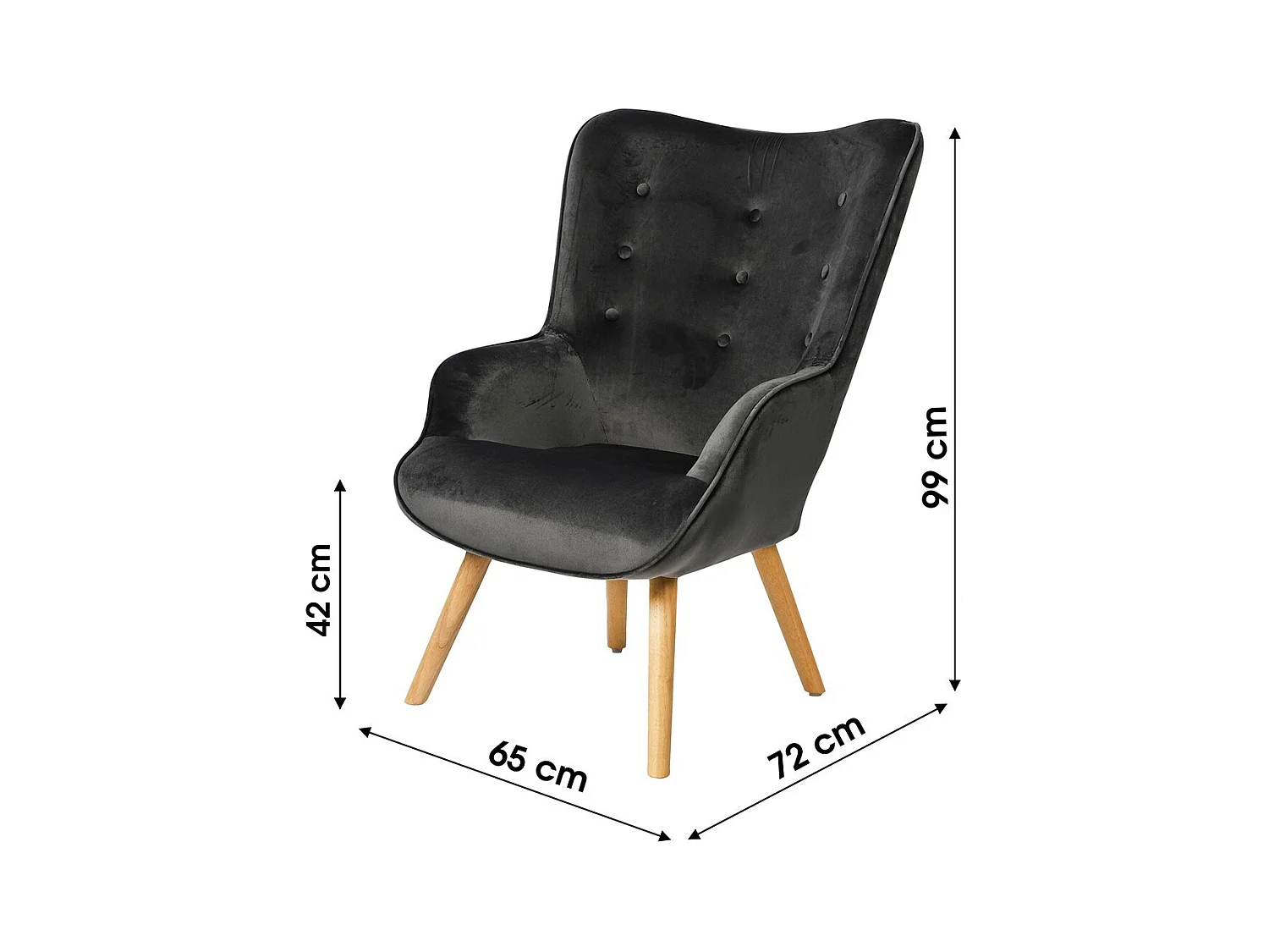 Fauteuil de salon en velours gris foncé avec pieds en bois collection ENJOY. Style scandinave