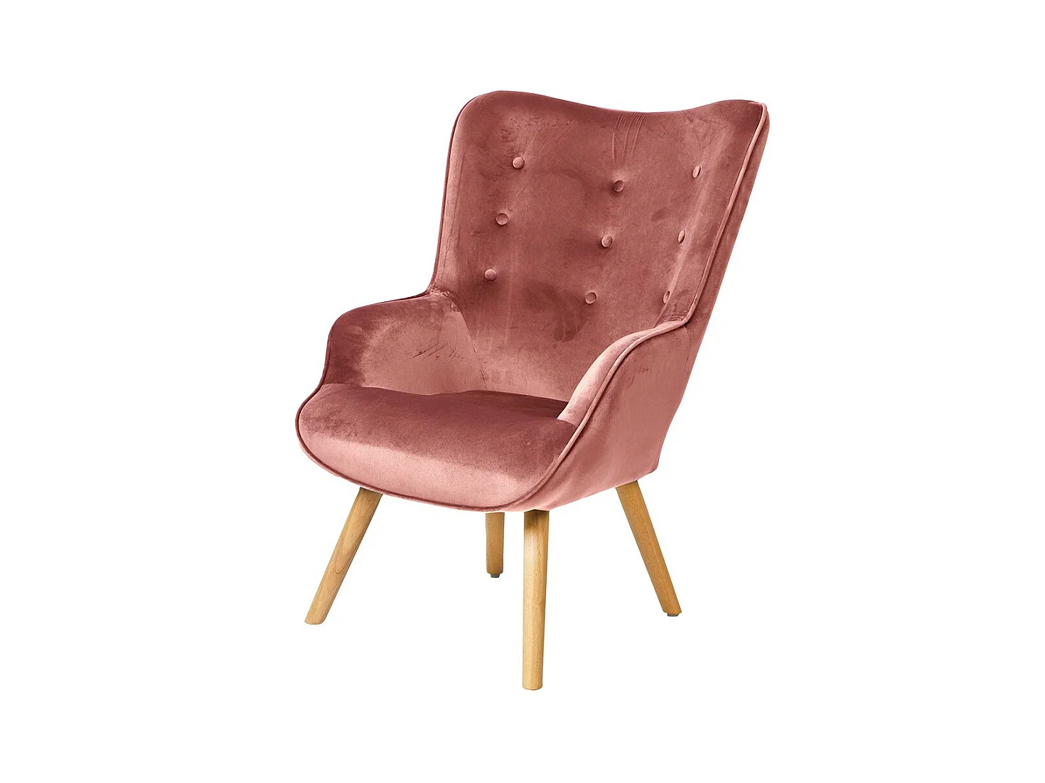 Fauteuil de salon en velours rose avec pieds en bois collection ENJOY. Style scandinave
