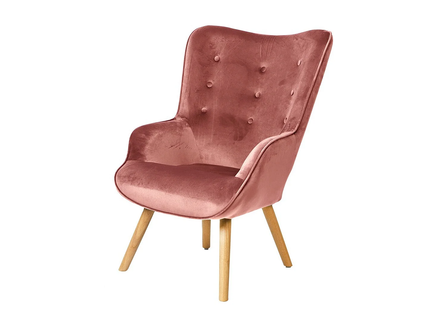 Fauteuil de salon en velours rose avec pieds en bois collection ENJOY. Style scandinave