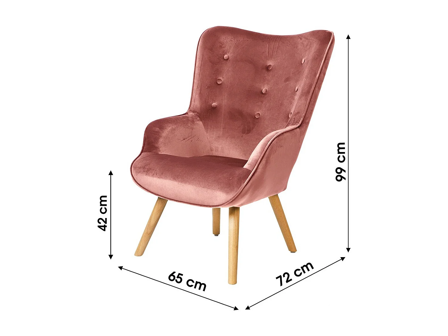 Fauteuil de salon en velours rose avec pieds en bois collection ENJOY. Style scandinave