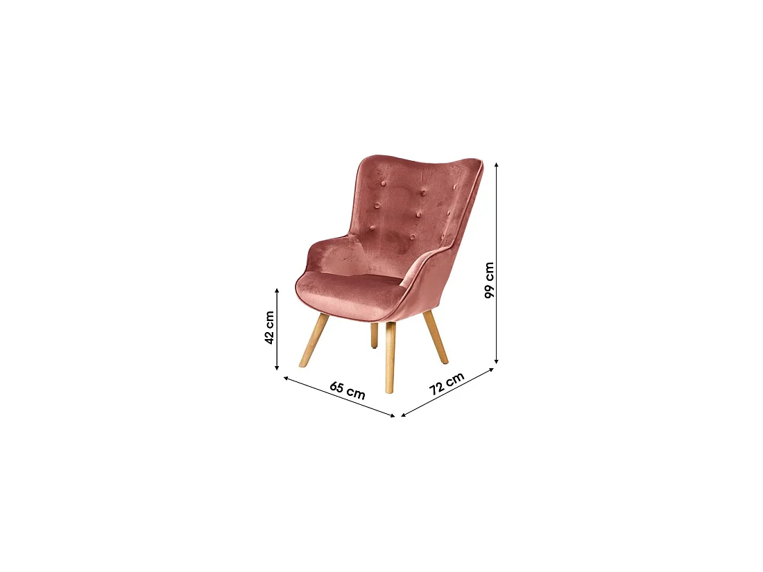 Roze fluwelen salonstoel met houten poten uit de ENJOY-collectie. Scandinavische stijl